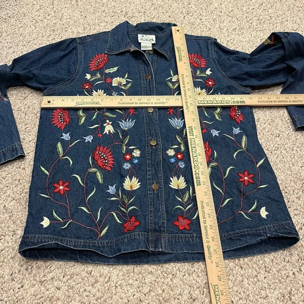 Quacker Factory Floral Embroidered Denim Shacket L Cottagecore Maximalist
